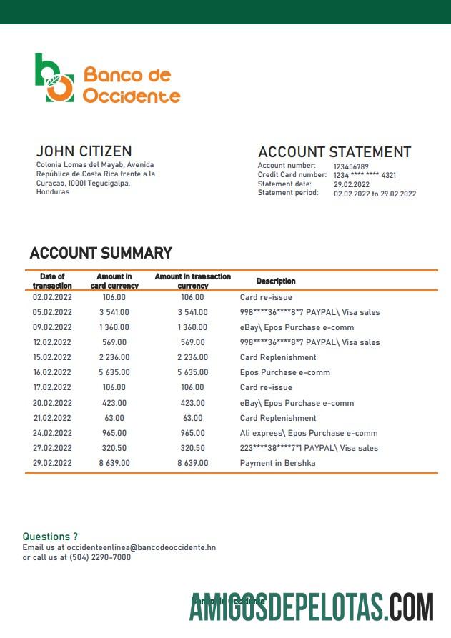 Honduras Banco De Occidente Statement examplo